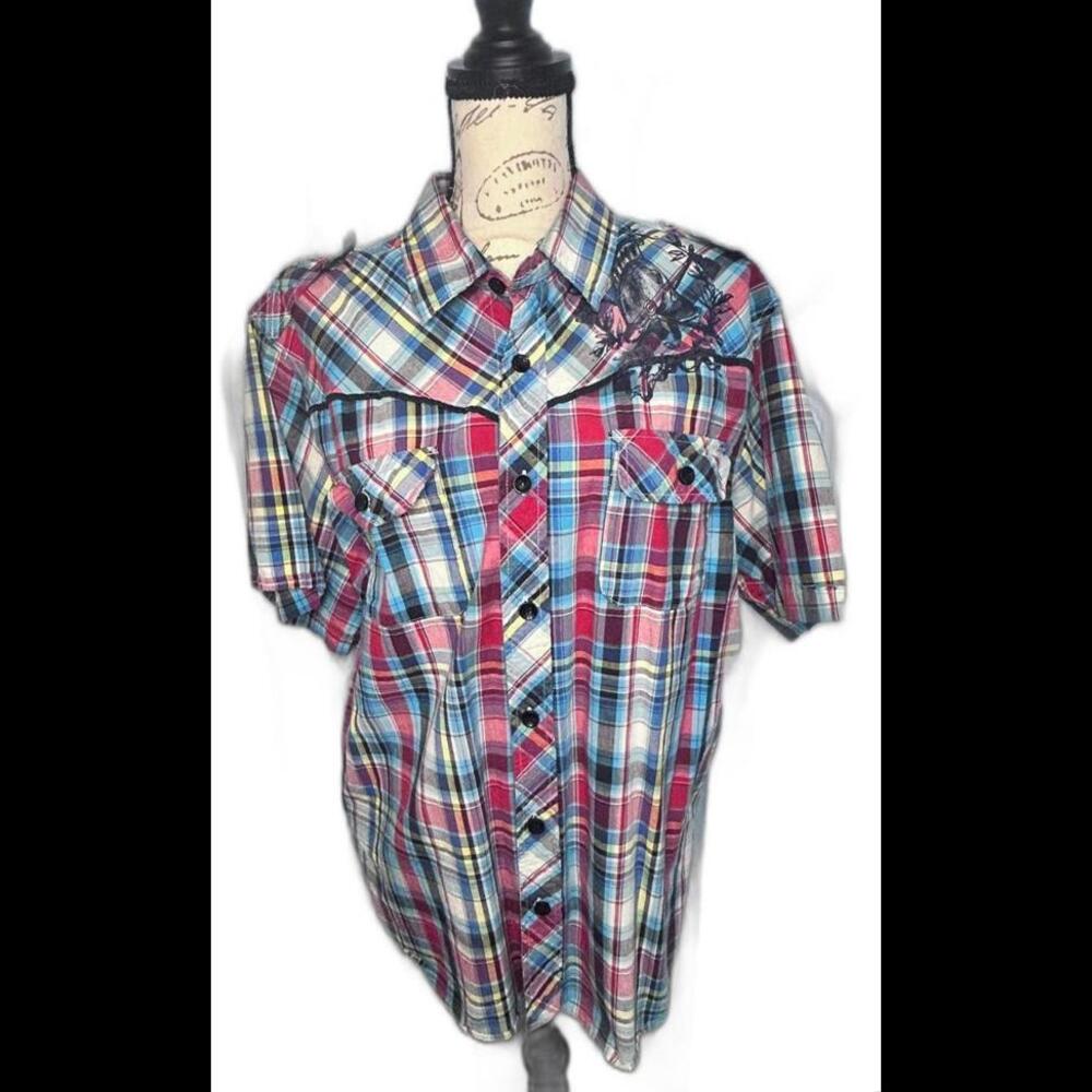 Clench‎ plaid graphic button up shirt men's size 2XL